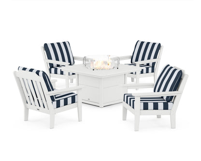 Country Living Cottage 5-Piece Deep Seating Set with Fire Pit Table in White / Cabana Stripe Marine Indigo