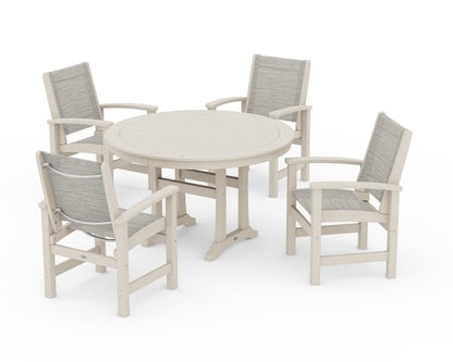 POLYWOOD® Coastal 5-Piece Round Dining Set with Trestle Legs in Sand / Birch Sling