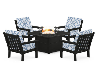 POLYWOOD® Vineyard 5-Piece Conversation Set with Fire Pit Table in Black / Trellis Sky Blue