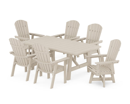 POLYWOOD® Nautical Curveback Adirondack Swivel Chair 7-Piece Rustic Farmhouse Dining Set in Sand
