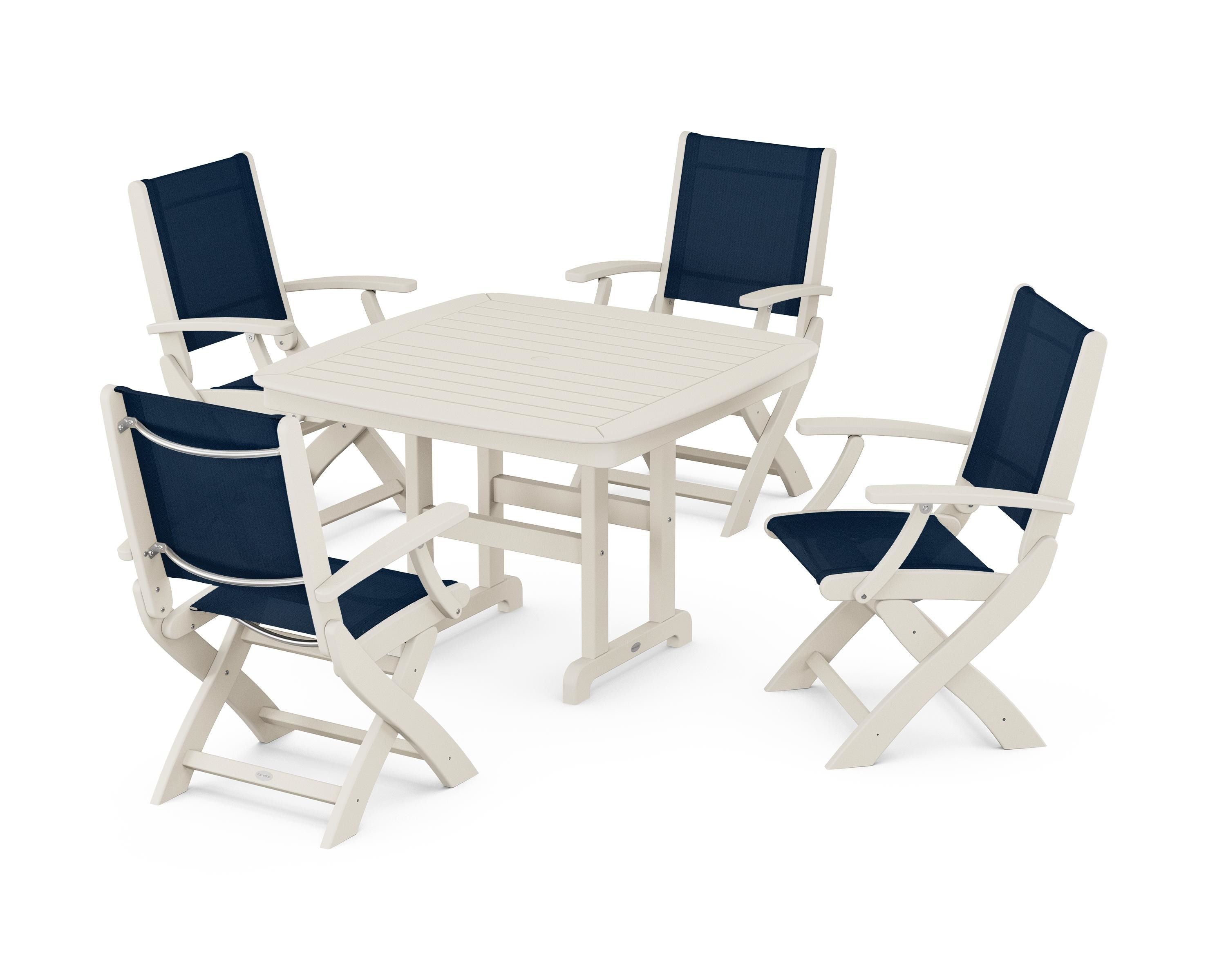 POLYWOOD® Coastal Folding Chair 5-Piece Dining Set in Sand / Navy Blue Sling