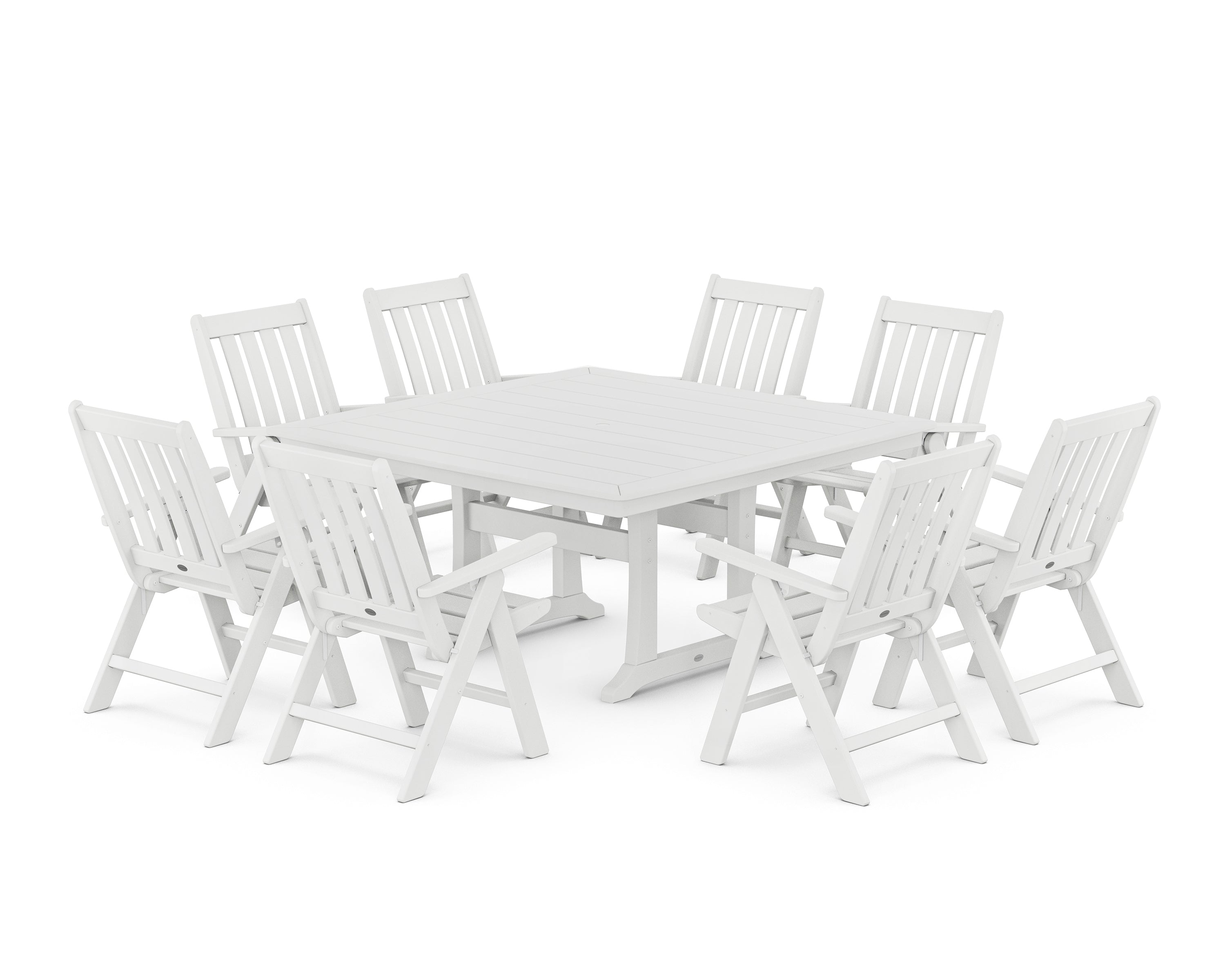 POLYWOOD® Vineyard Folding Chair 9-Piece Square Dining Set with Trestle Legs in White