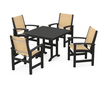POLYWOOD® Coastal 5-Piece Farmhouse Dining Set in Black / Dupioni Apricot Sling