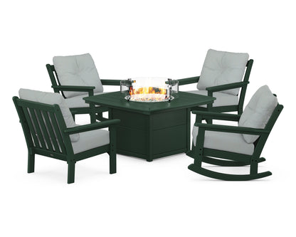 POLYWOOD® Vineyard 5-Piece Deep Seating Rocking Chair Conversation Set with Fire Pit Table in Green / Spa