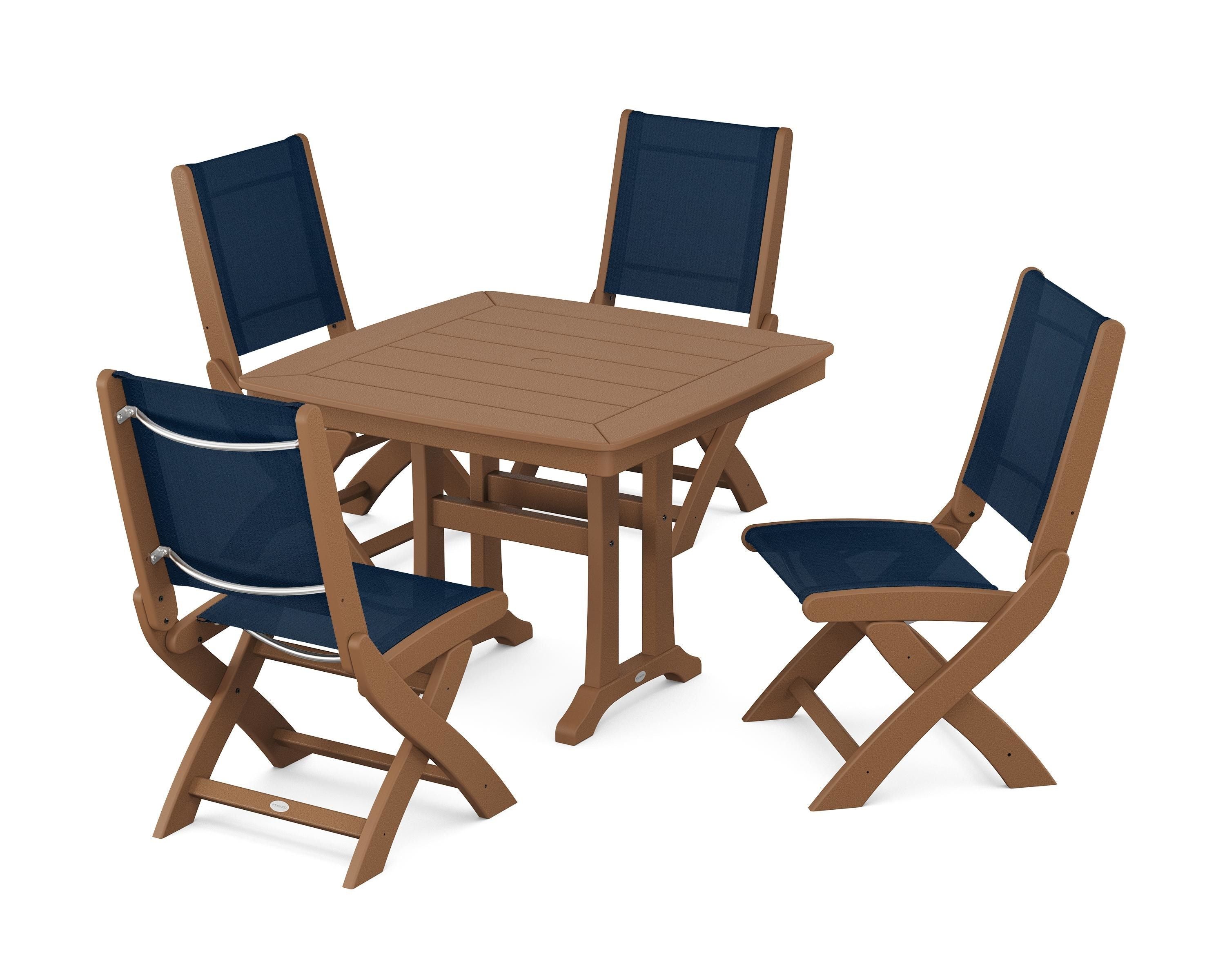 POLYWOOD® Coastal Folding Side Chair 5-Piece Dining Set with Trestle Legs in Teak / Navy Blue Sling
