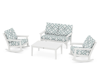 POLYWOOD® Vineyard 4-Piece Deep Seating Rocking Chair Set in White / Trellis Glacier Spa