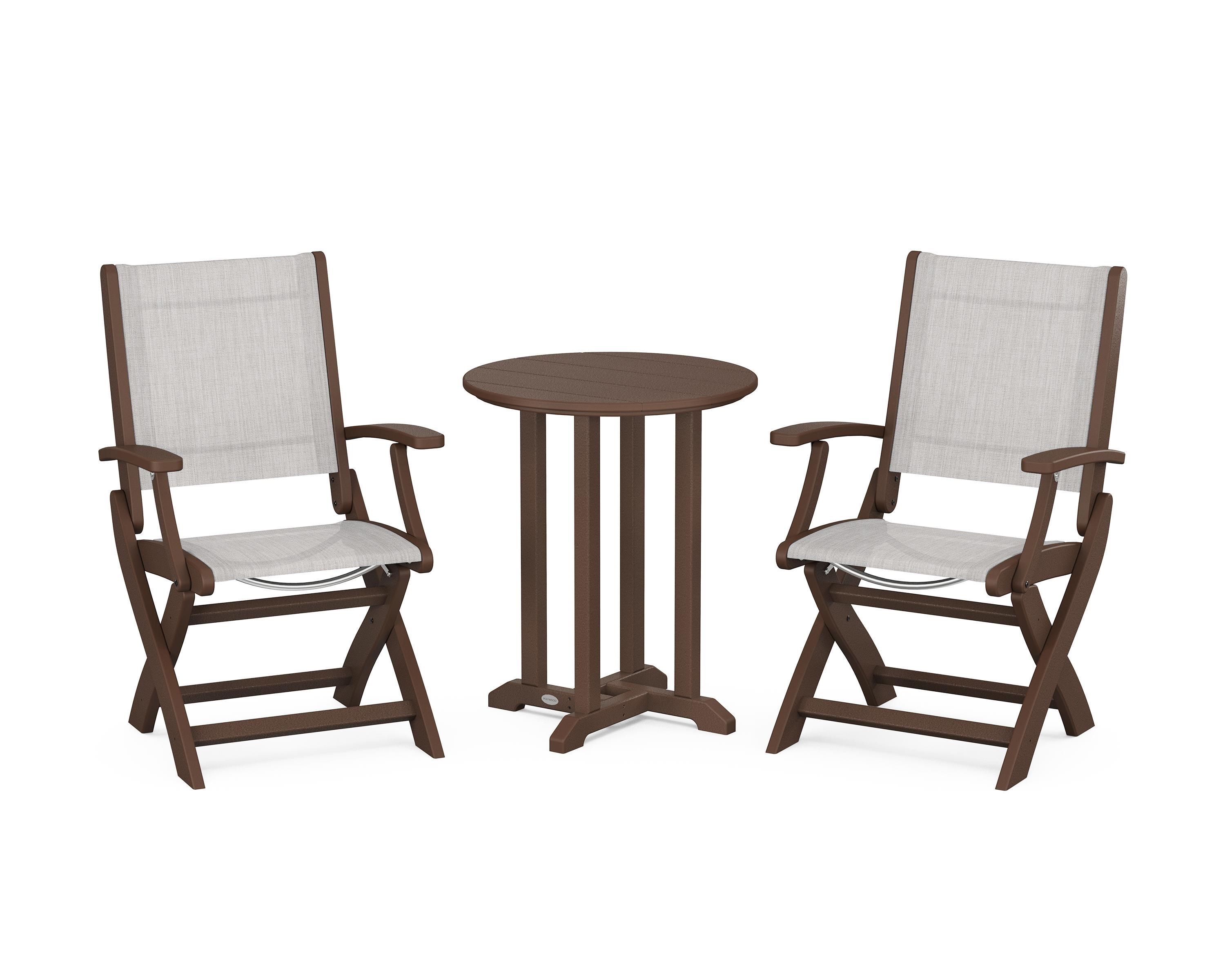 POLYWOOD® Coastal Folding 3-Piece Round Bistro Dining Set in Mahogany / Parchment Sling