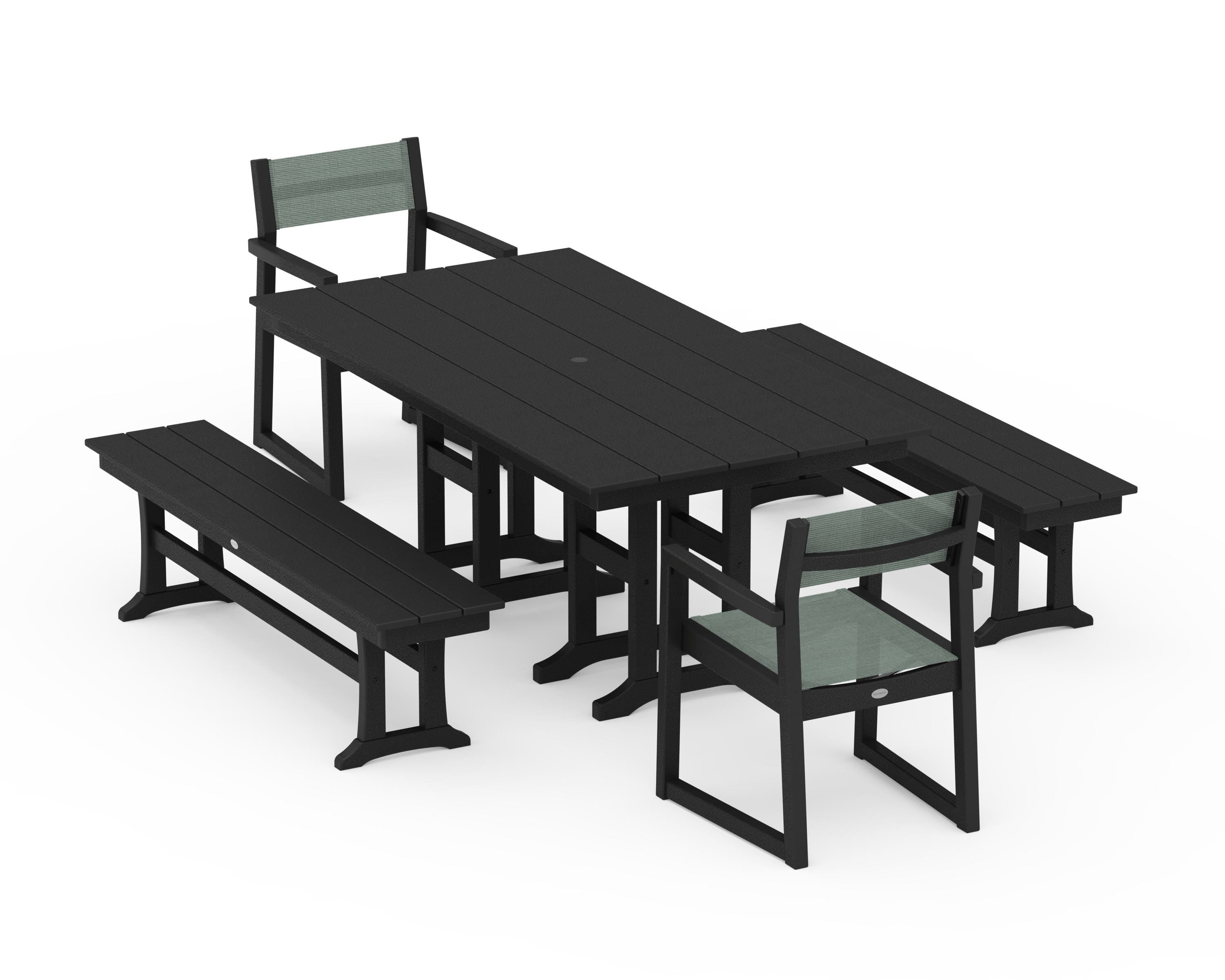 POLYWOOD® EDGE Sling Arm Chair 5-Piece Farmhouse Dining Set with Benches in Black / Dupioni Sea Mist Sling