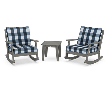 POLYWOOD® Braxton 3-Piece Deep Seating Rocker Set in Slate Grey / Buffalo Plaid Marine Indigo