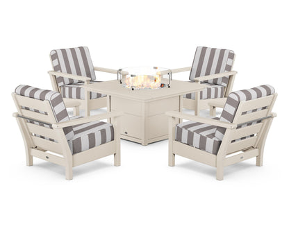 POLYWOOD® Harbour 5-Piece Conversation Set with Fire Pit Table in Sand / Cabana Stripe Grey Mist