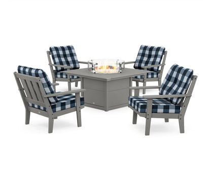 POLYWOOD® Oxford 5-Piece Deep Seating Set with Fire Pit Table in Slate Grey / Buffalo Plaid Marine Indigo