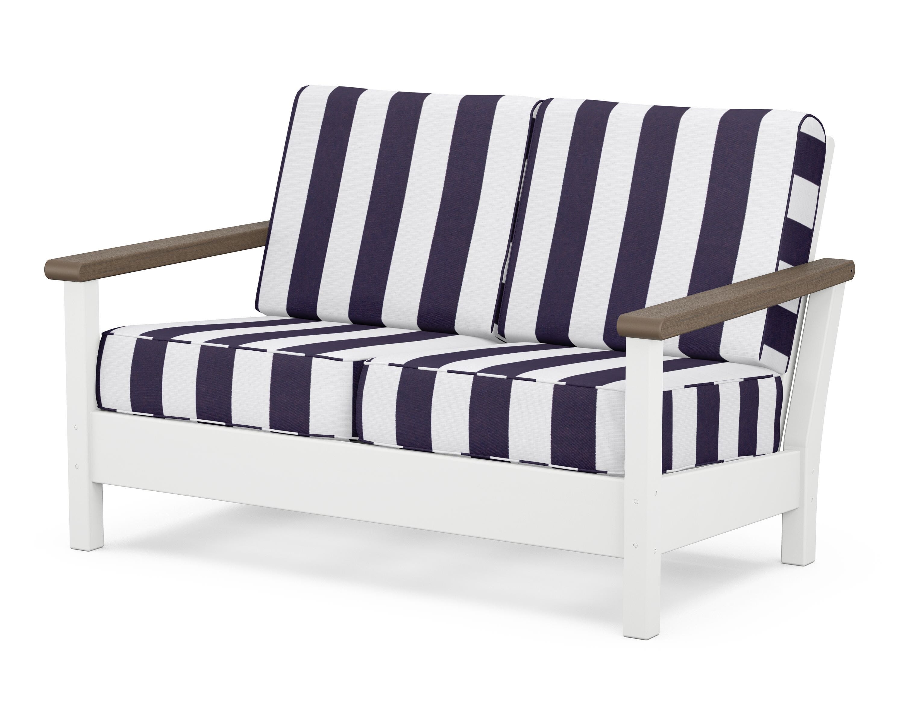 POLYWOOD® Harbour Deep Seating Loveseat in White / Kona / Cabana Stripe Navy