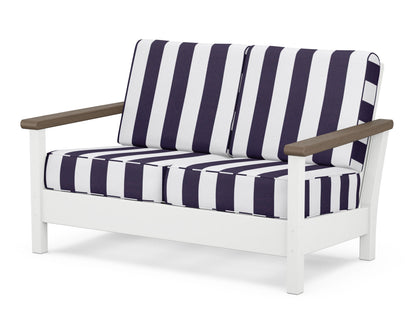 POLYWOOD® Harbour Deep Seating Loveseat in White / Kona / Cabana Stripe Navy