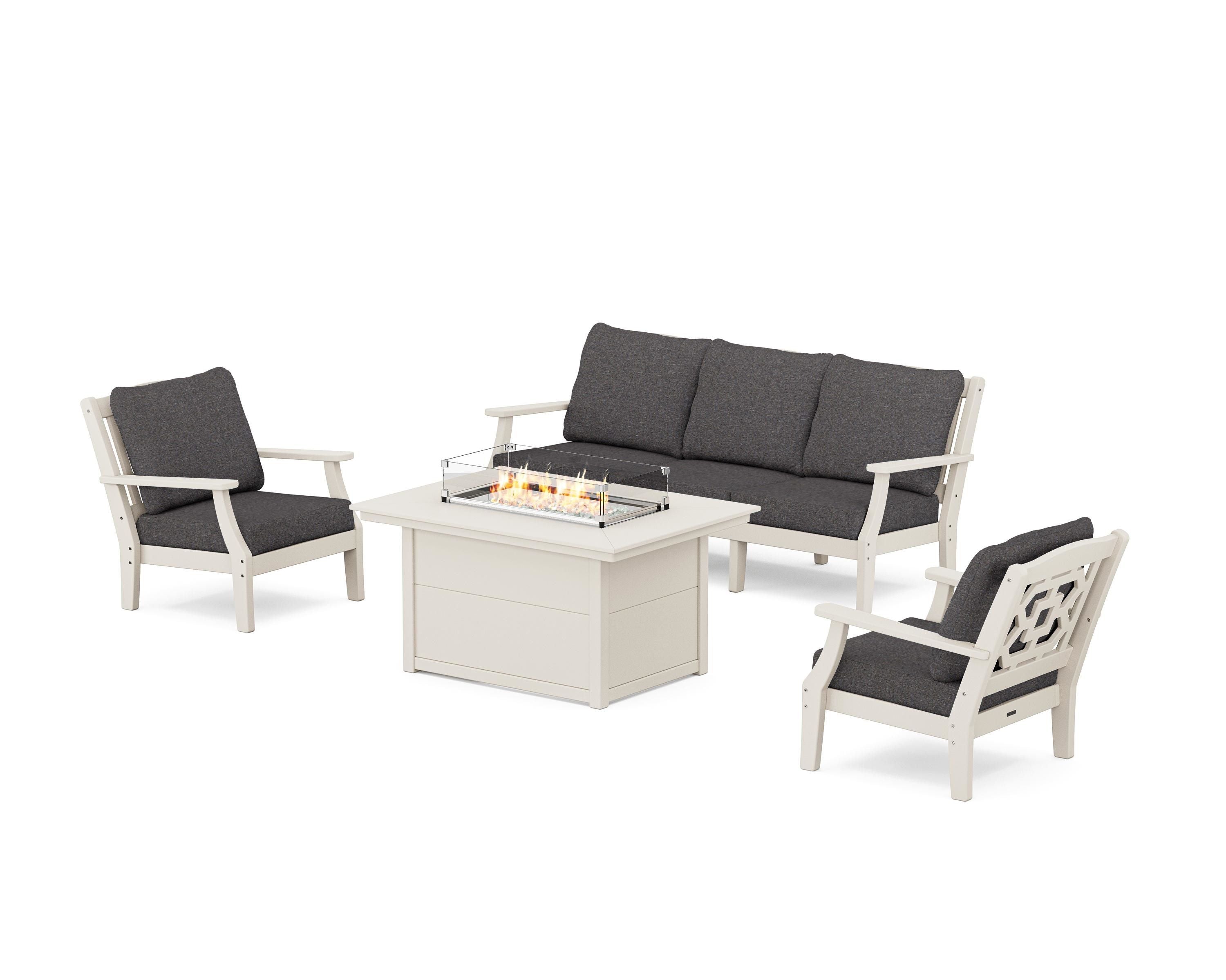 Martha Stewart by POLYWOOD® Chinoiserie Deep Seating Fire Pit Table Set in Sand / Ash Charcoal