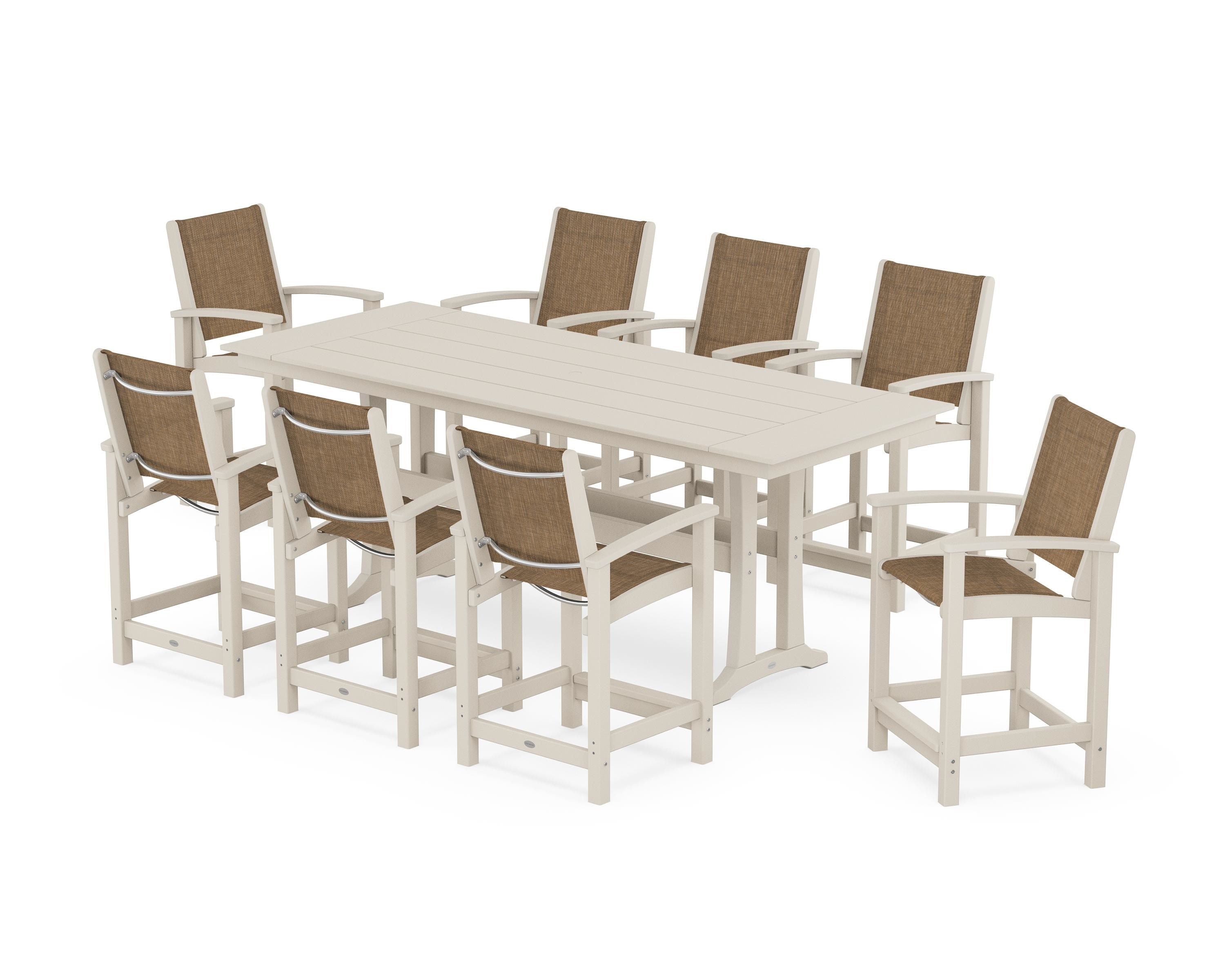 POLYWOOD® Coastal 9-Piece Farmhouse Counter Set with Trestle Legs in Sand / Burlap Sling