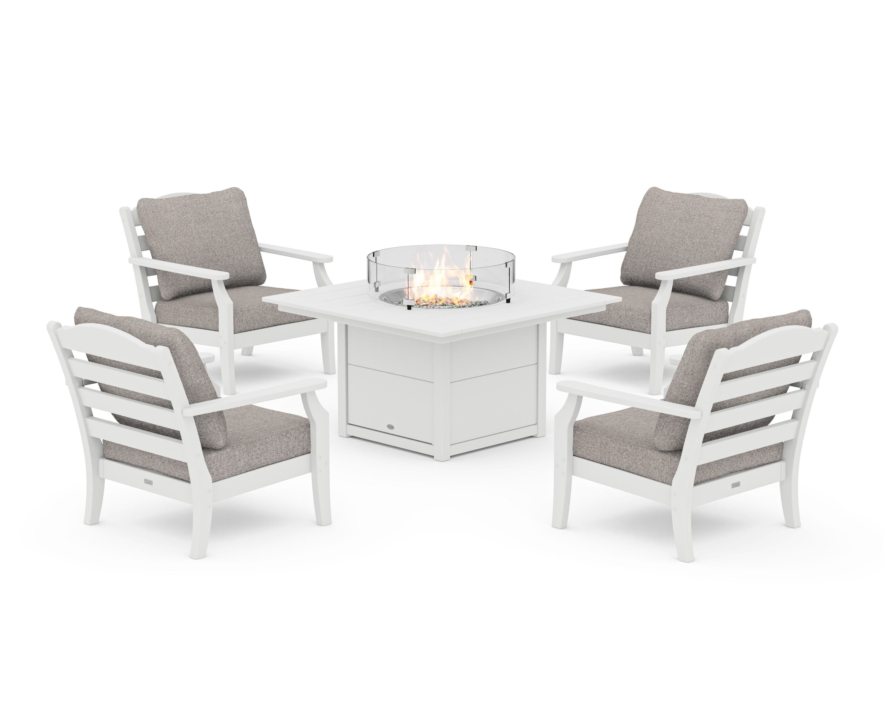 Draper James™ by  POLYWOOD® Savannah 5-Piece Deep Seating Set with Fire Pit Table in White / Weathered Tweed