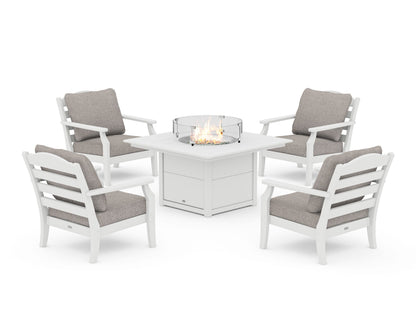 Draper James™ by  POLYWOOD® Savannah 5-Piece Deep Seating Set with Fire Pit Table in White / Weathered Tweed