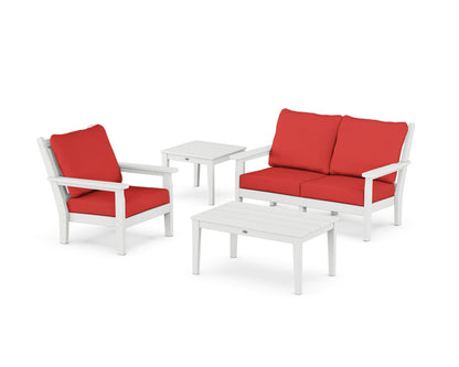 POLYWOOD® Chippendale 4-Piece Deep Seating Set in White / Crimson Linen