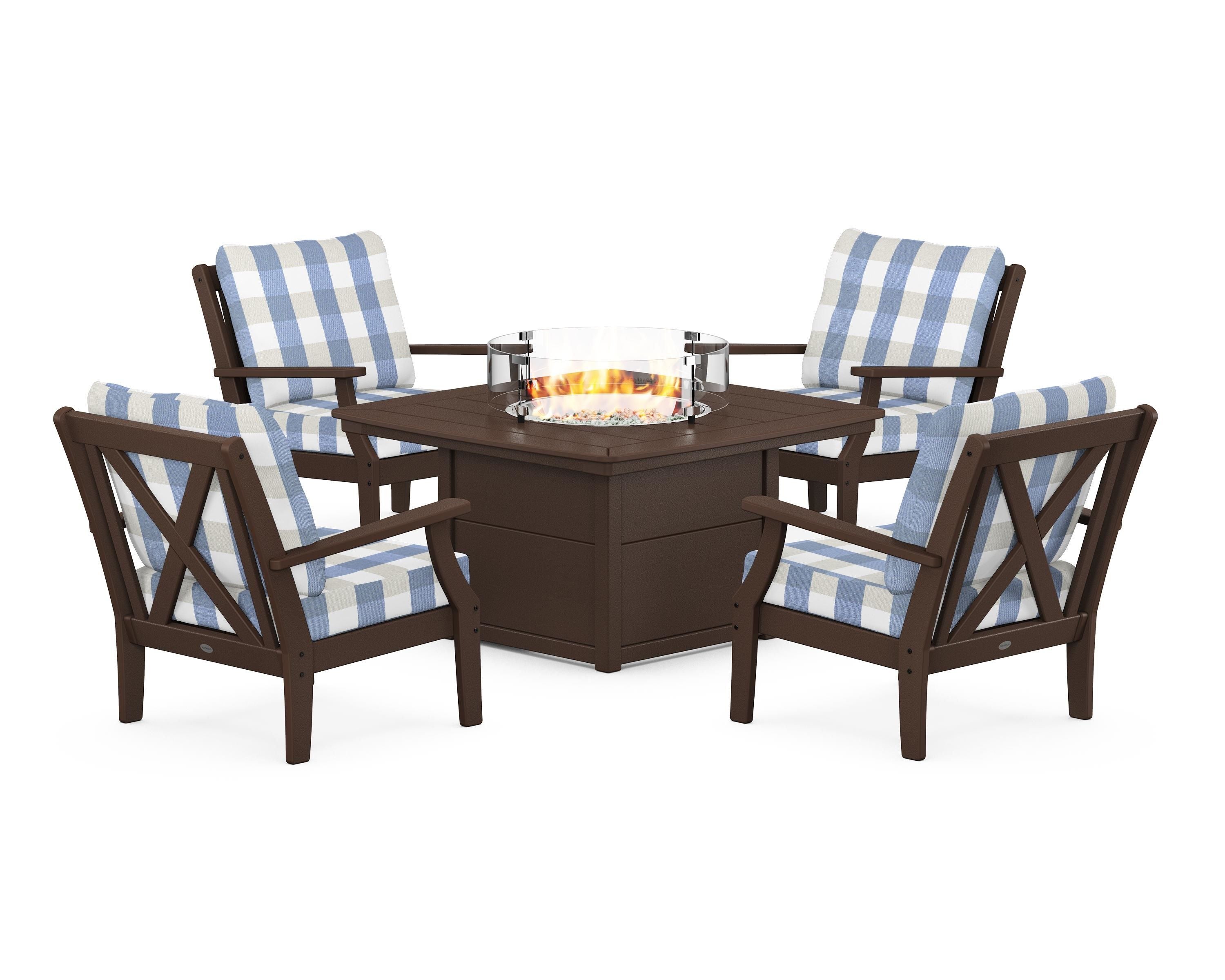 POLYWOOD® Braxton 5-Piece Deep Seating Conversation Set with Fire Pit Table in Mahogany / Buffalo Plaid Sky Blue