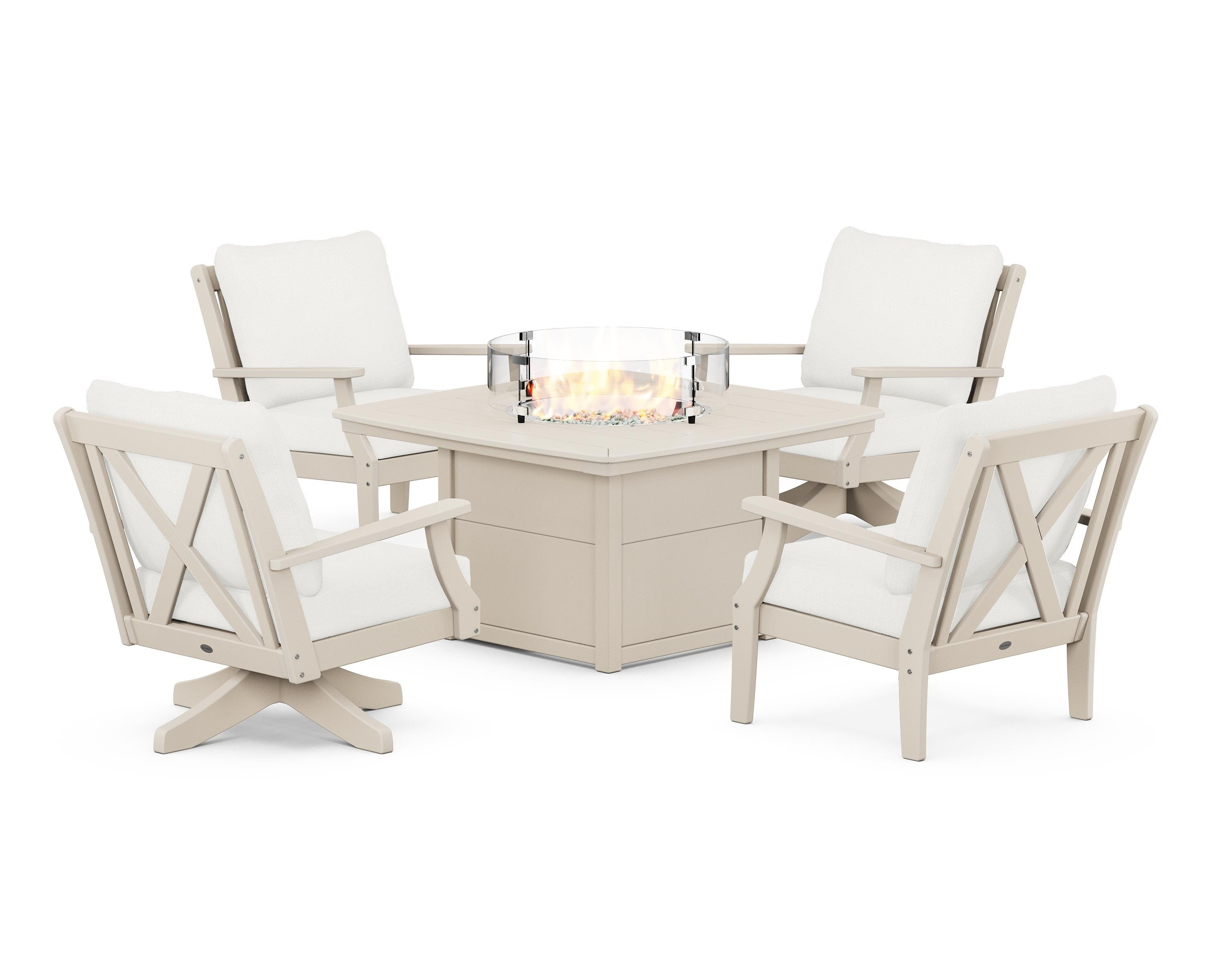 POLYWOOD® Braxton 5-Piece Deep Seating Set with Fire Table in Sand / Natural Linen