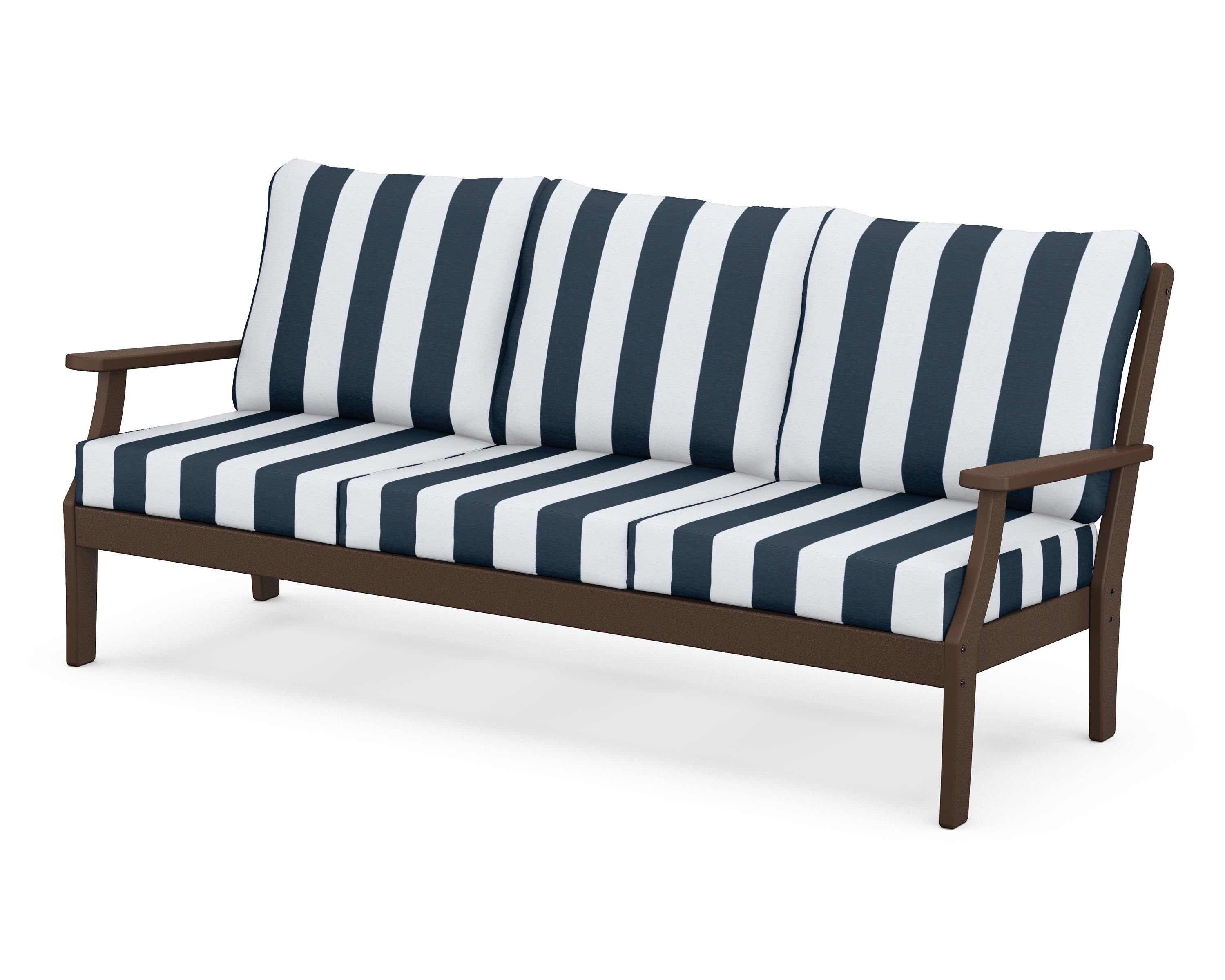 POLYWOOD® Braxton Deep Seating Sofa in Mahogany / Cabana Stripe Marine Indigo