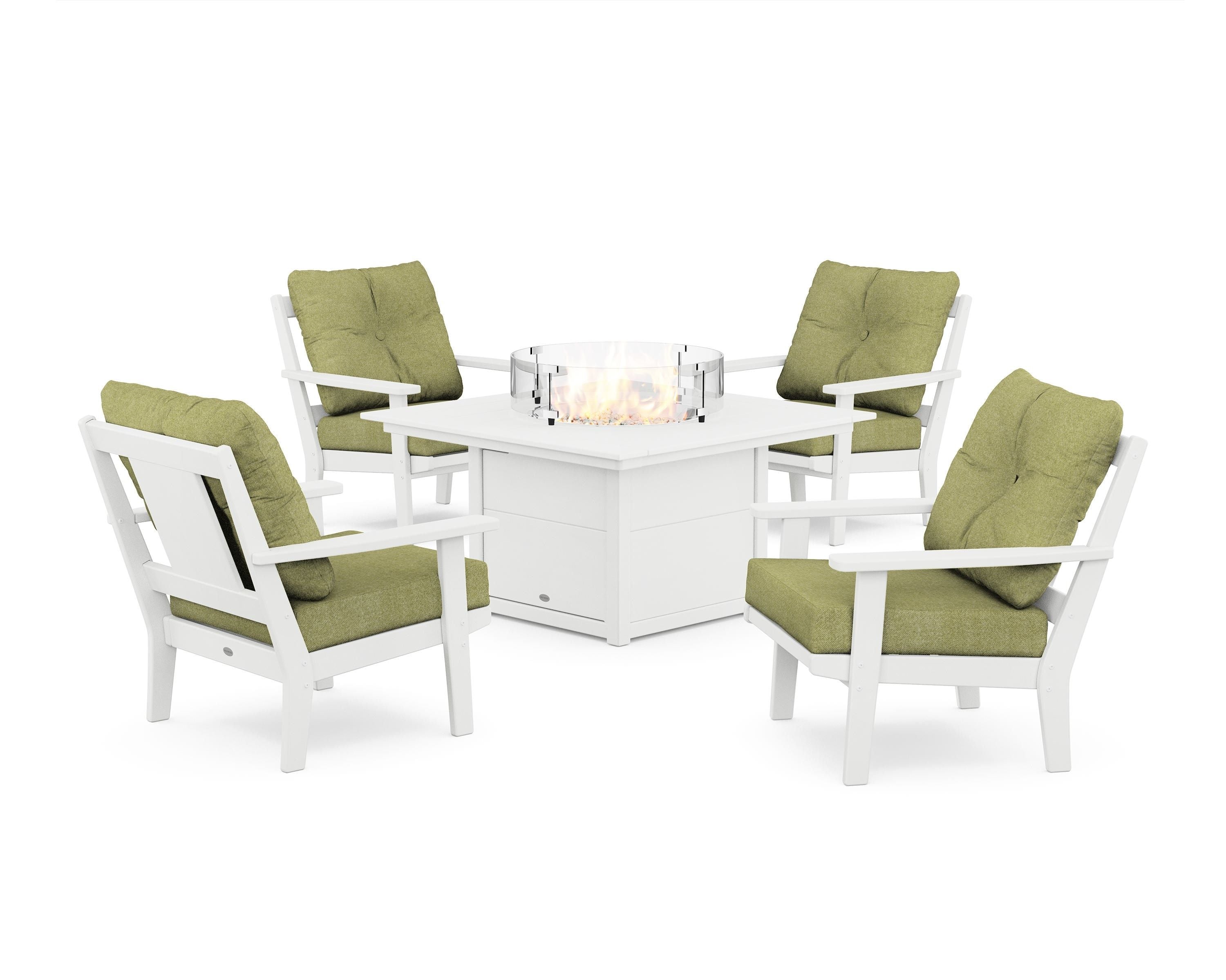 POLYWOOD® Prairie 5-Piece Deep Seating Set with Fire Pit Table in White / Chartreuse Boucle