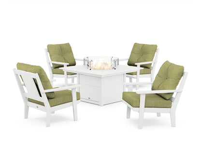 POLYWOOD® Prairie 5-Piece Deep Seating Set with Fire Pit Table in White / Chartreuse Boucle