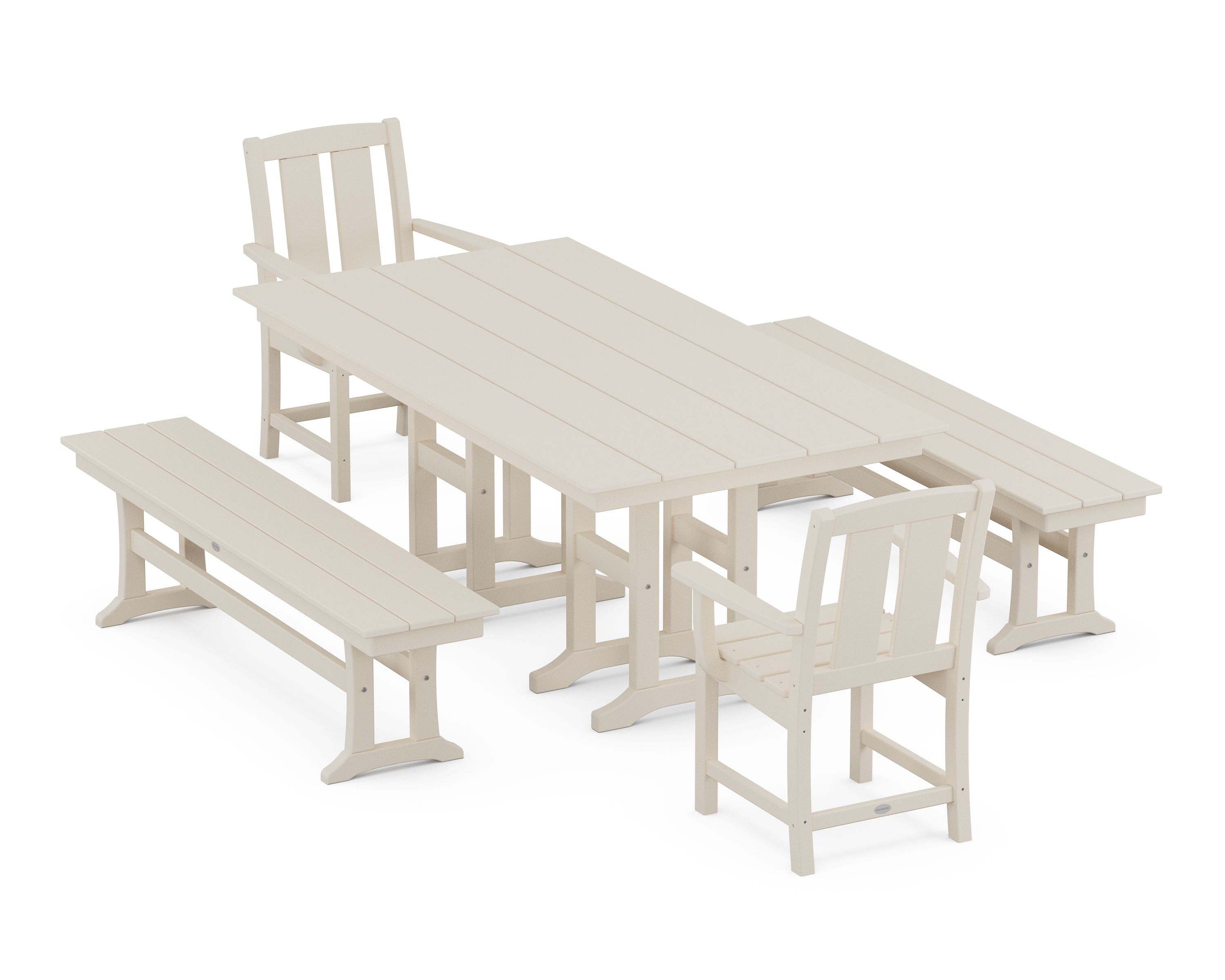 POLYWOOD® Mission 5-Piece Farmhouse Dining Set with Benches in Sand