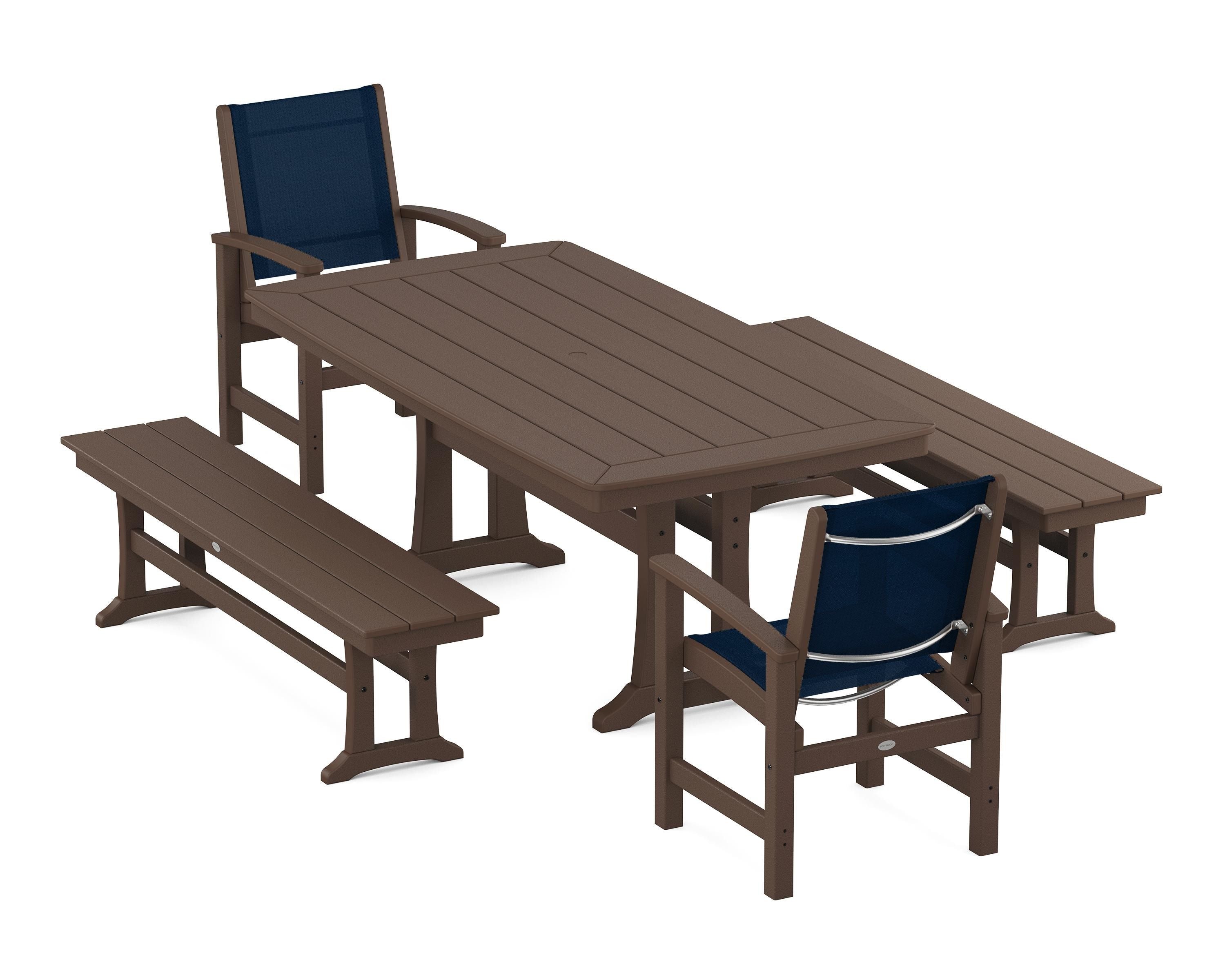 POLYWOOD® Coastal 5-Piece Dining Set with Trestle Legs and Benches in Mahogany / Navy Blue Sling