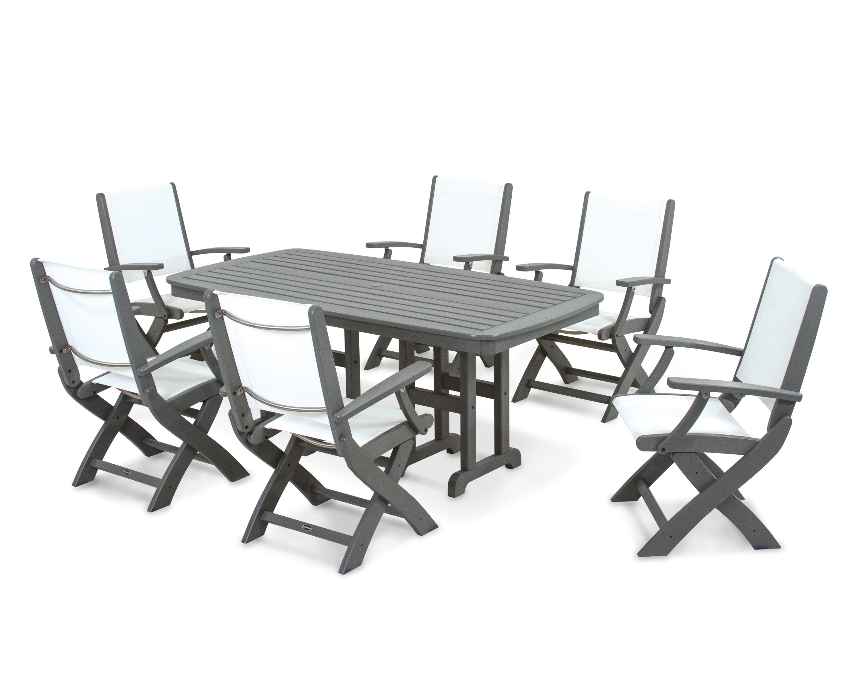 POLYWOOD® Coastal Folding Arm Chair 7-Piece Dining Set in Slate Grey / White Sling