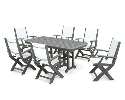 POLYWOOD® Coastal Folding Arm Chair 7-Piece Dining Set in Slate Grey / White Sling