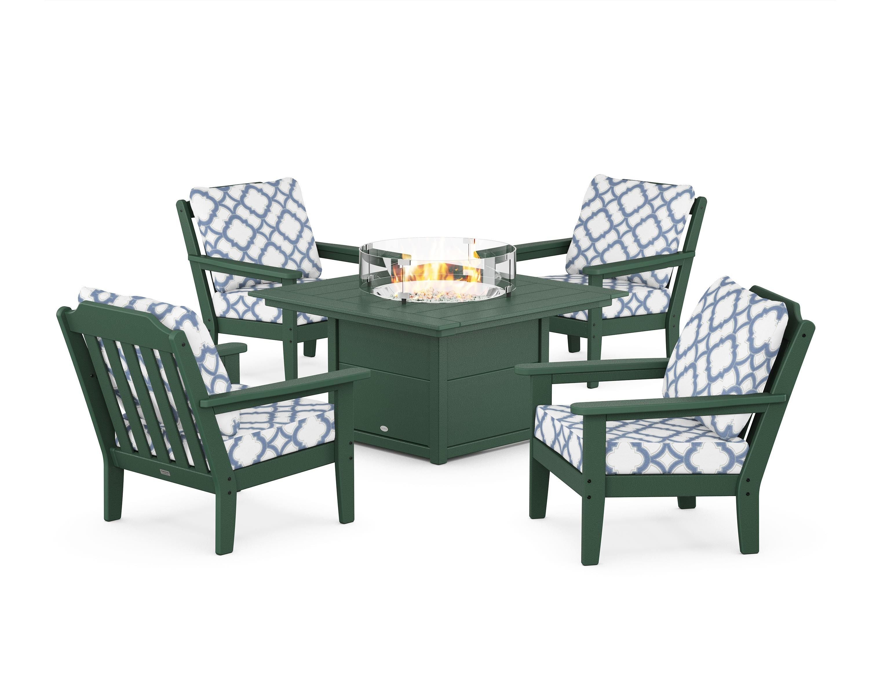 Country Living Cottage 5-Piece Deep Seating Set with Fire Pit Table in Green / Trellis Sky Blue
