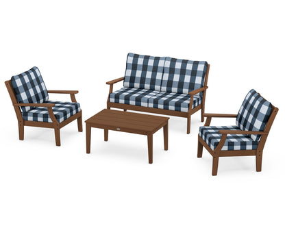 POLYWOOD® Braxton 4-Piece Deep Seating Chair Set in Teak / Buffalo Plaid Marine Indigo