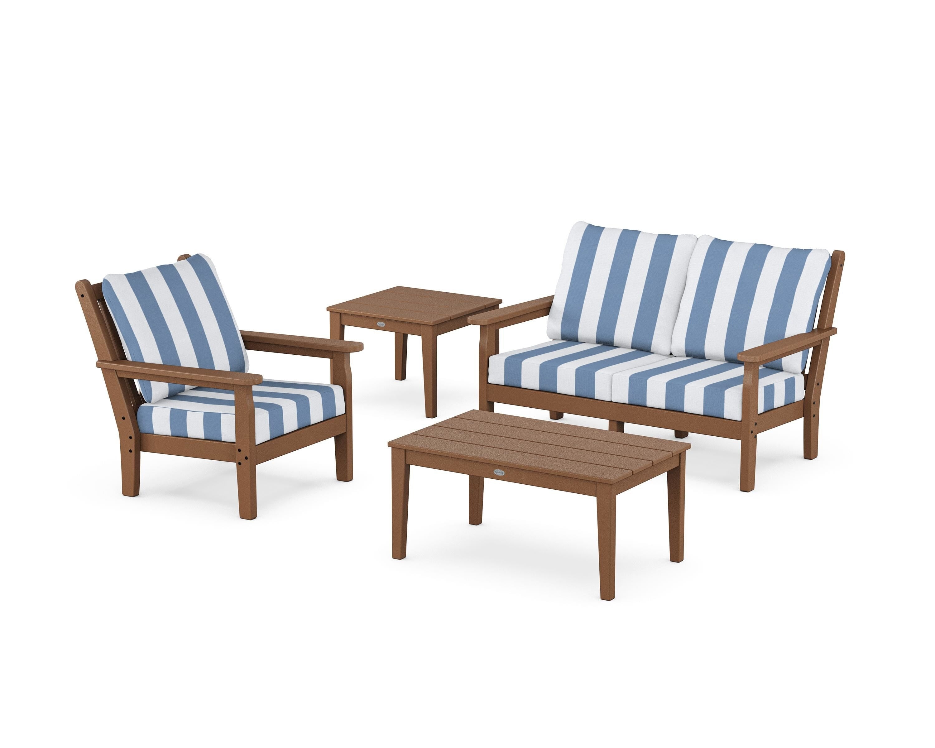 POLYWOOD® Chippendale 4-Piece Deep Seating Set in Teak / Cabana Stripe Sky Blue