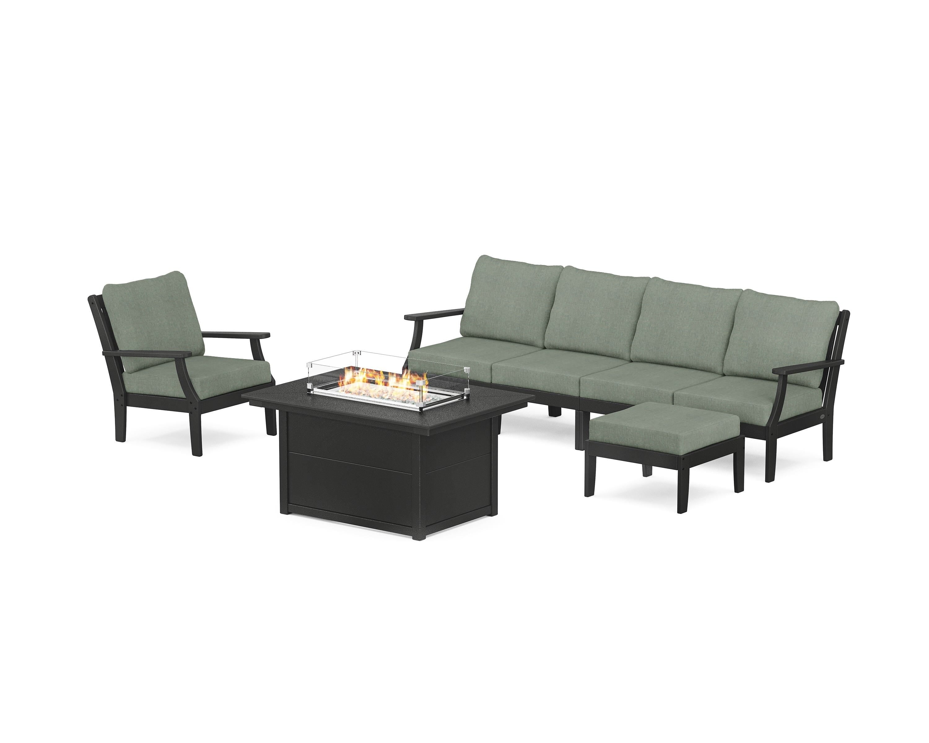 POLYWOOD® Braxton Sectional Lounge and Fire Pit Set in Black / Cast Sage