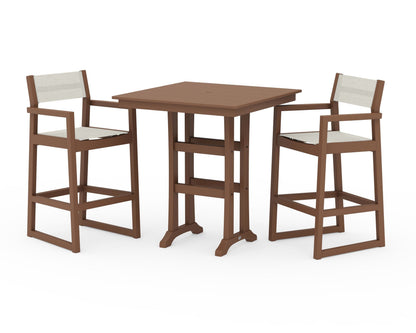 POLYWOOD® EDGE Sling Arm Chair 3-Piece Farmhouse Bar Set with Trestle Legs in Teak / Parchment Sling