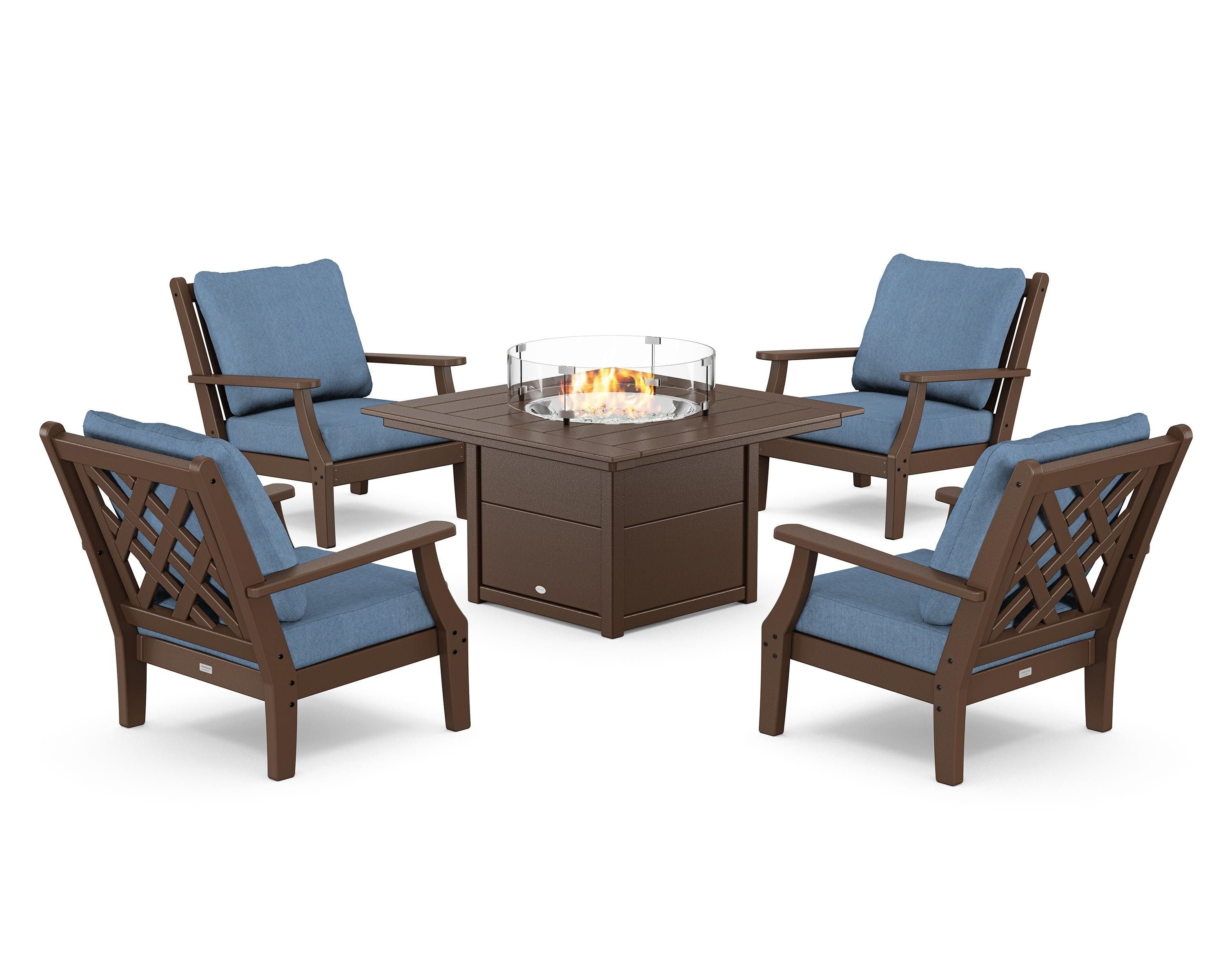 Country Living Wovendale 5-Piece Deep Seating Set with Fire Pit Table in Mahogany / Sky Blue