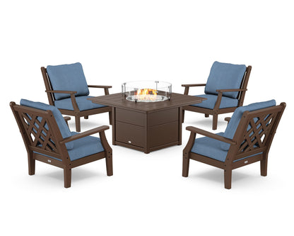 Country Living Wovendale 5-Piece Deep Seating Set with Fire Pit Table in Mahogany / Sky Blue