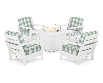 POLYWOOD® Harbour 5-Piece Conversation Set with Fire Pit Table in White / Buffalo Plaid Glacier Spa