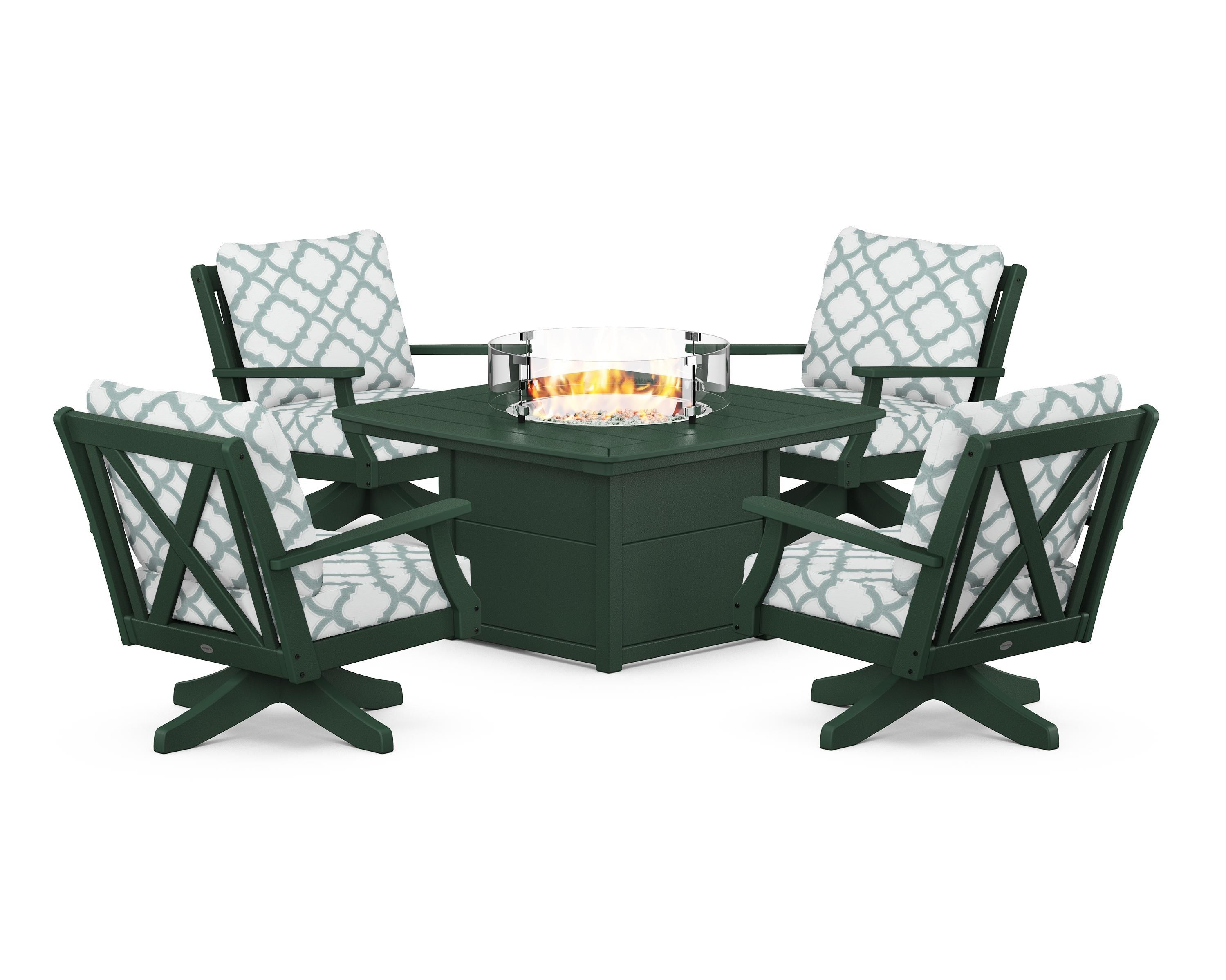 POLYWOOD® Braxton 5-Piece Deep Seating Swivel Conversation Set with Fire Pit Table in Green / Trellis Glacier Spa