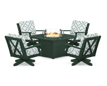 POLYWOOD® Braxton 5-Piece Deep Seating Swivel Conversation Set with Fire Pit Table in Green / Trellis Glacier Spa