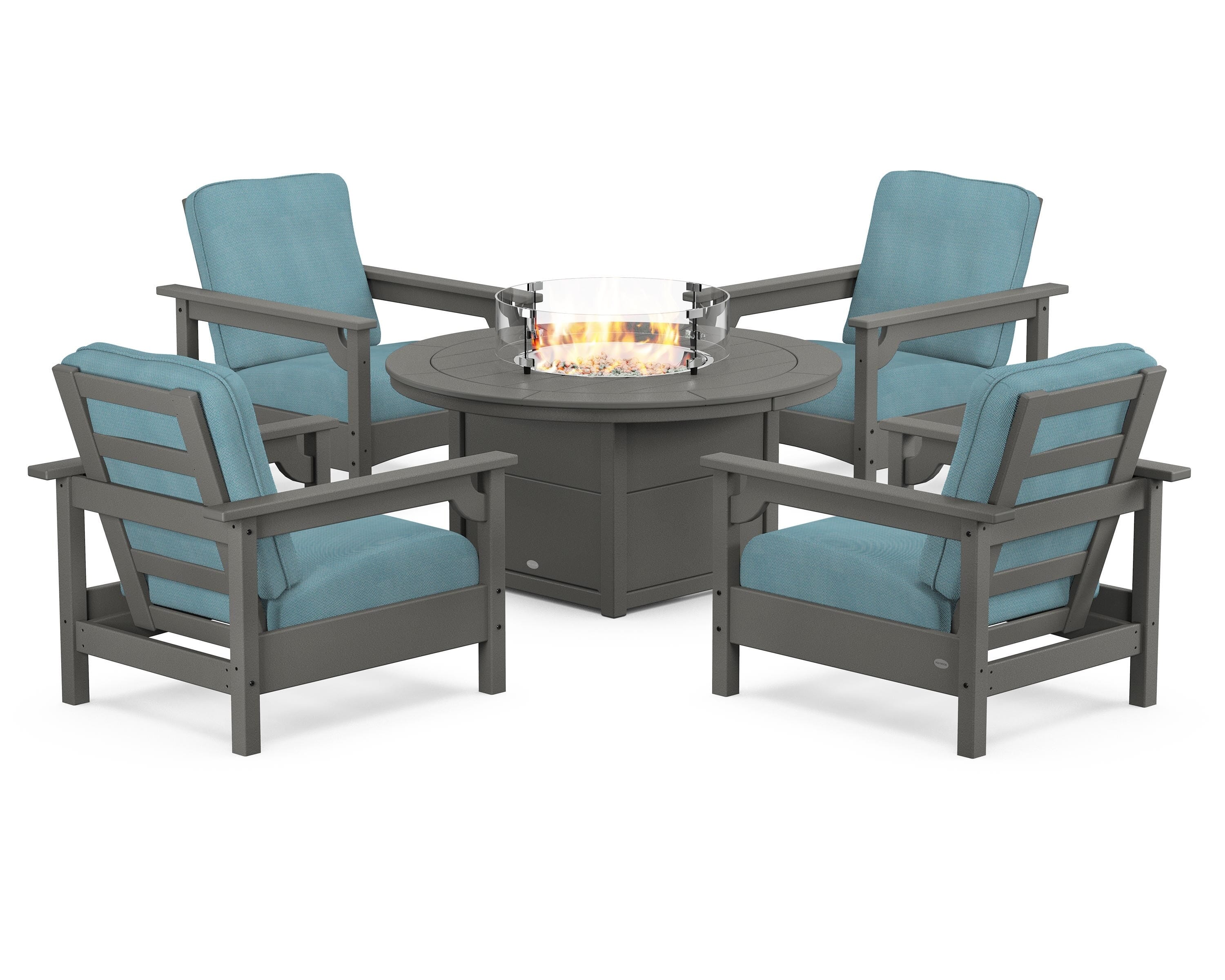 POLYWOOD® Club 5-Piece Conversation Set with Fire Pit Table in Slate Grey / Lattice Sky Blue