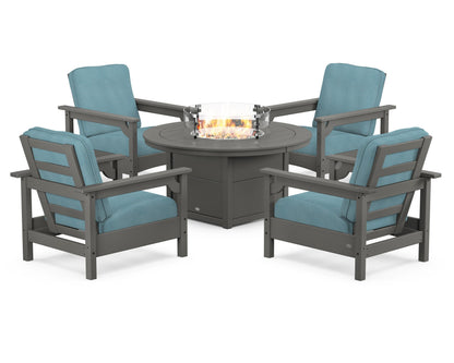POLYWOOD® Club 5-Piece Conversation Set with Fire Pit Table in Slate Grey / Lattice Sky Blue
