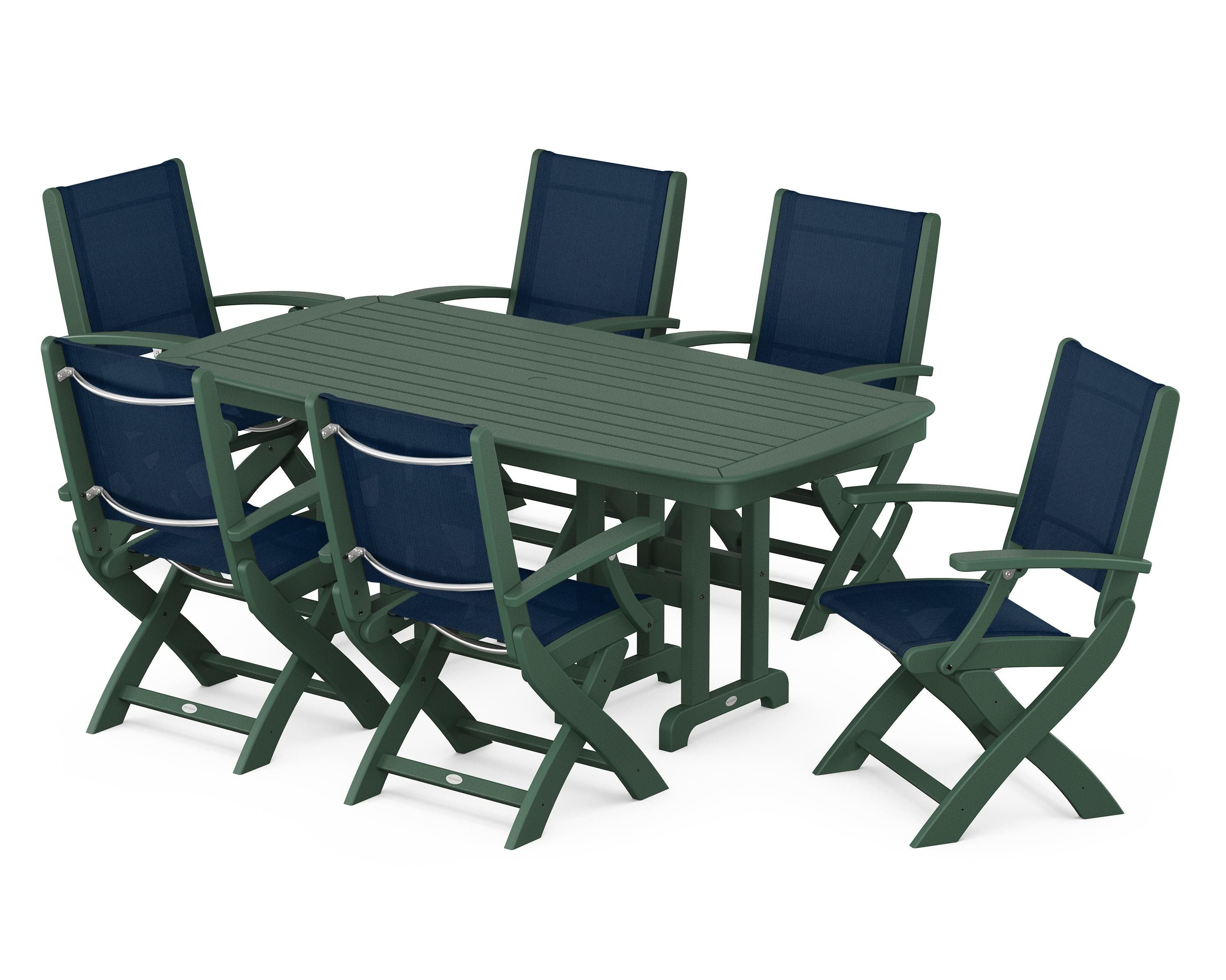 POLYWOOD® Coastal Folding Arm Chair 7-Piece Dining Set in Green / Navy Blue Sling