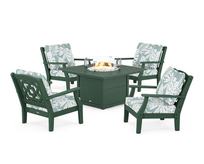 Martha Stewart by POLYWOOD® Chinoiserie 5-Piece Deep Seating Set with Fire Pit Table in Green / Leaf Glacier Spa