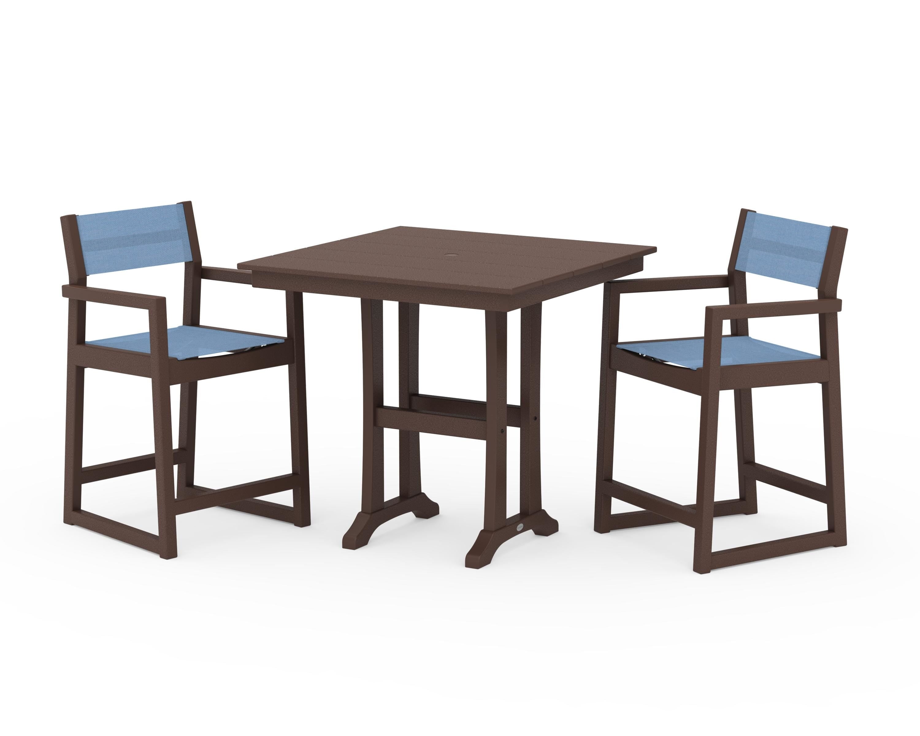 POLYWOOD® EDGE Sling Arm Chair 3-Piece Farmhouse Counter Set with Trestle Legs in Mahogany / Poolside Sling