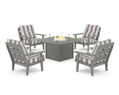 POLYWOOD® Lakeside 5-Piece Deep Seating Set with Nautical Fire Pit Table in Slate Grey / Cabana Stripe Grey Mist