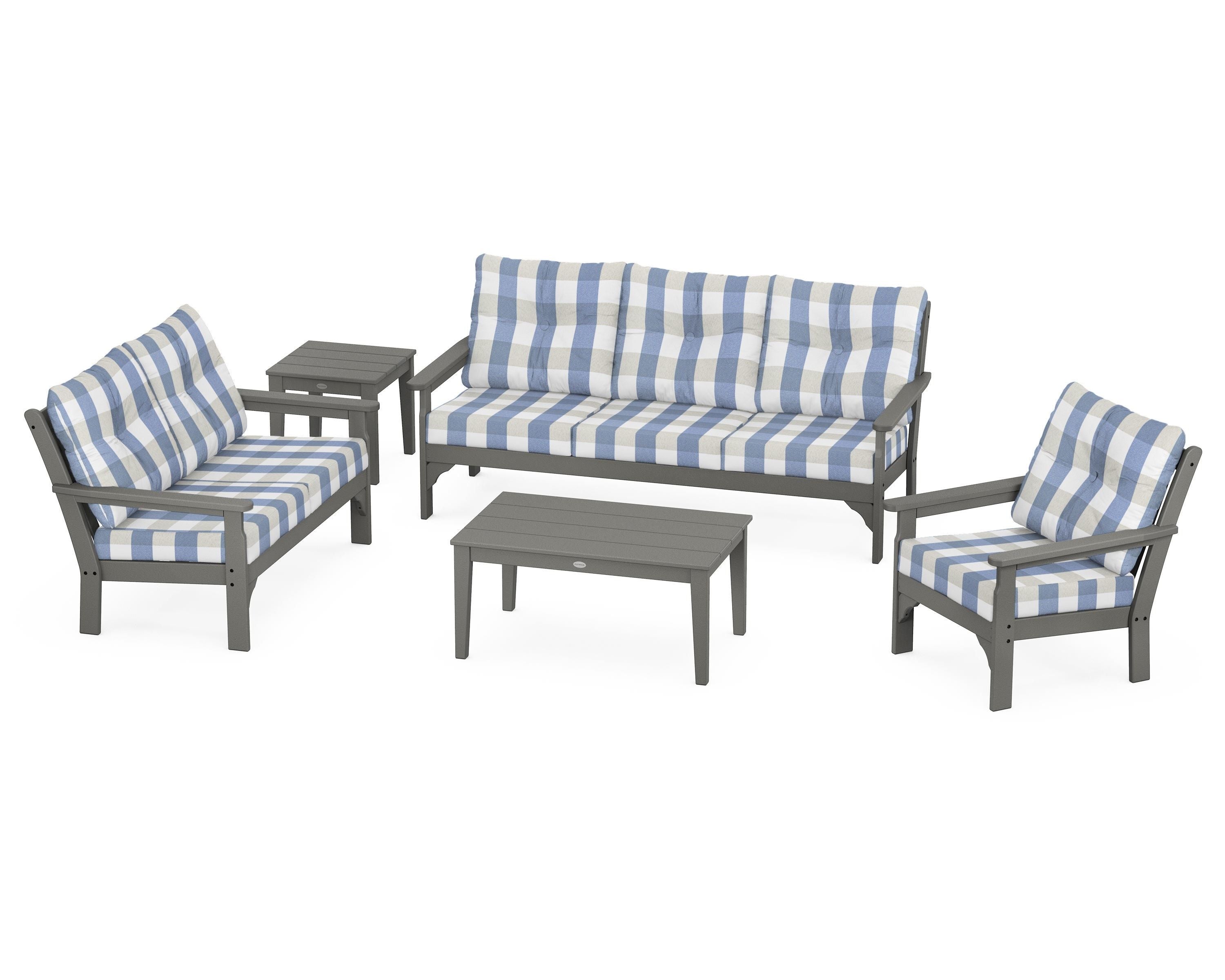 POLYWOOD® Vineyard 5 Piece Deep Seating Set in Slate Grey / Buffalo Plaid Sky Blue