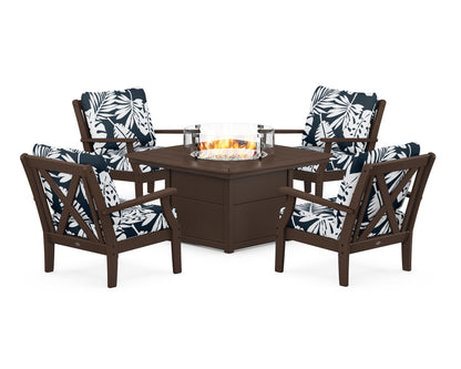 POLYWOOD® Braxton 5-Piece Deep Seating Conversation Set with Fire Pit Table in Mahogany / Leaf Marine Indigo