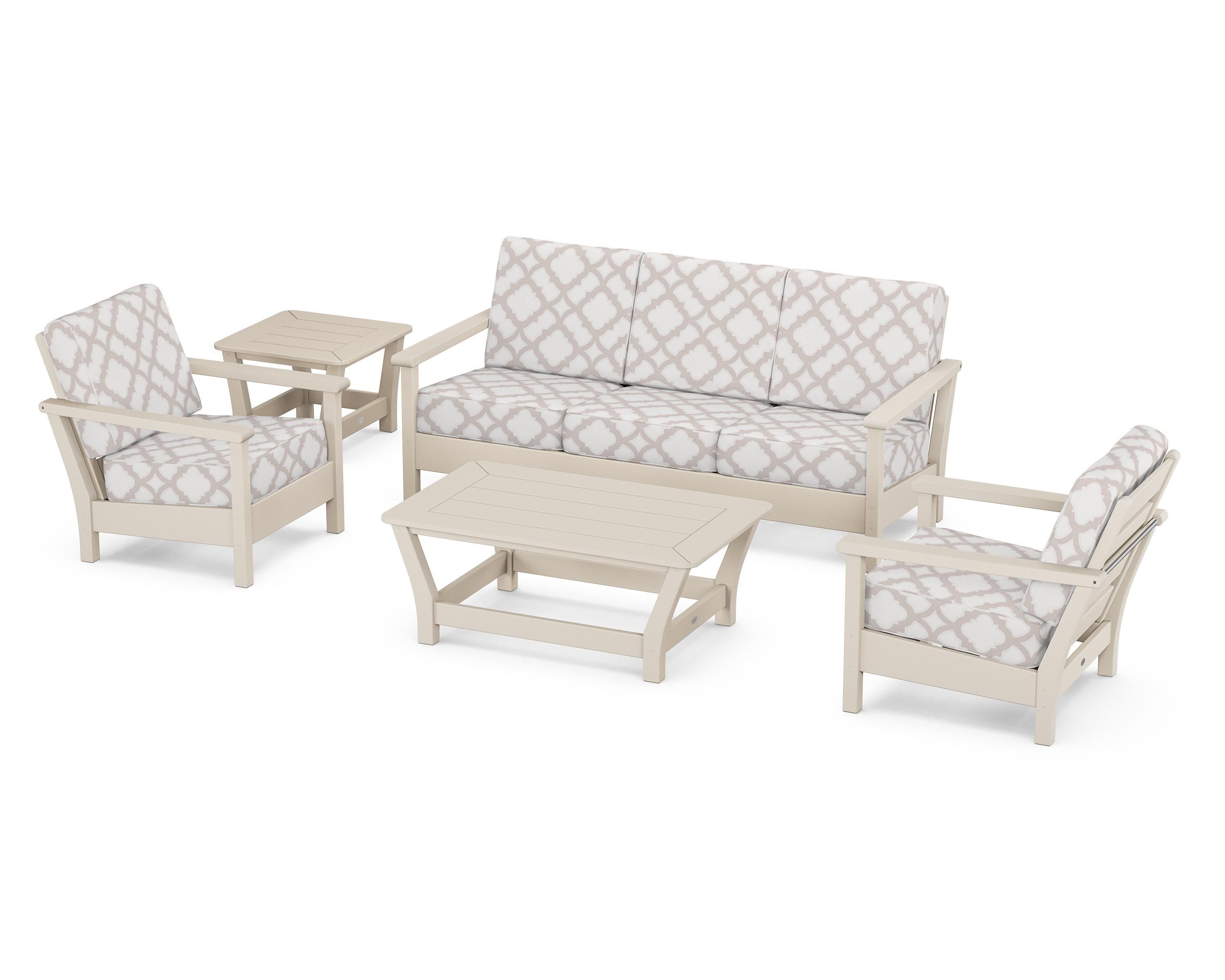 POLYWOOD® Harbour 5-Piece Deep Seating Set in Sand / Trellis Dune Burlap